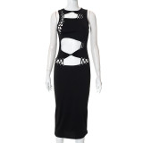 Solid Color Casual Sleeveless Cutout Tie Navel Long Dress