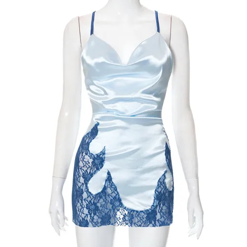 The new lace stitching sleeveless suspenders open back home dress
