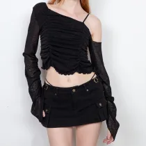 Off-the-shoulder irregular long-sleeved thin T-shirt top