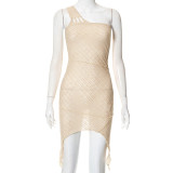 Solid Color Casual Mesh One Shoulder Reverse Slim Short Dress