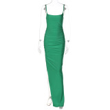 Solid Color Sling Open Back Slim Fit Slim Slit Mid-Length Dress