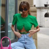 Round neck slim and slim personality umbilical strapping hot girl ultra-short T-shirt top