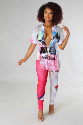 Hip Hop Street Fringe Ties T-Shirt Print Pants Set