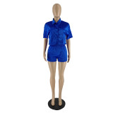 Women's Button-Up Shirt Shorts Stretch Two Piece Women's Stretch Satine Solid Casual Suit