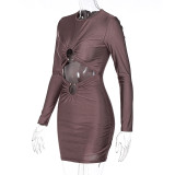 Fashion women's sexy hollow round neck solid color long-sleeved hip dress