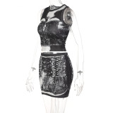 Fashion Personality Print Sleeveless Vest Versatile Short Skirt Suit