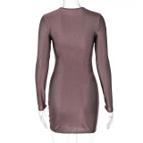 Fashion women's sexy hollow round neck solid color long-sleeved hip dress