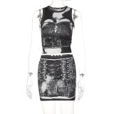 Fashion Personality Print Sleeveless Vest Versatile Short Skirt Suit