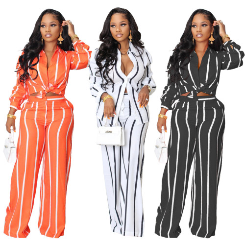 Striped Print Long Sleeve Shirt Trousers Two-Piece Set