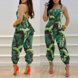suspender open-back bow print high-waisted jumpsuit