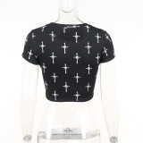Dark Cross Print T-Shirt Cropped Slim Top