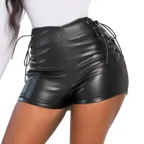 Plus Size Black High Waist Stretch Shorts Women's Skinny Casual Pants Faux Leather Boot Pants