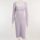 Square Neck Tie Hollow Wool Dress Sexy Temperament Backless Long Skirt