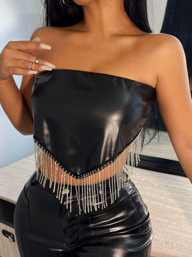 Leaky Navel Tube Top Sexy Slim Outer Leather Top