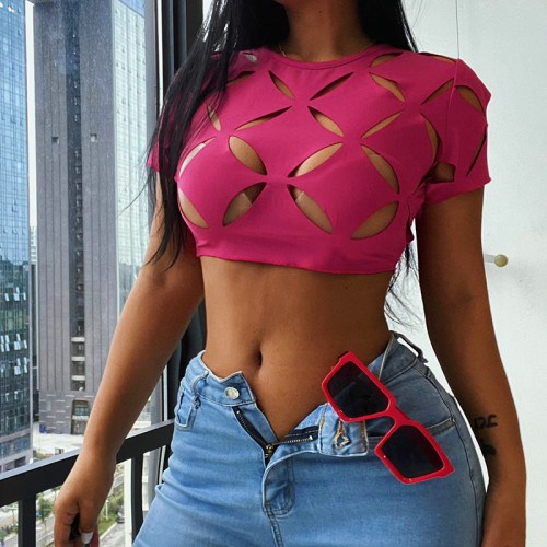 Geometric Cutout Short Sleeve Top Sexy Navel Perspective T-Shirt