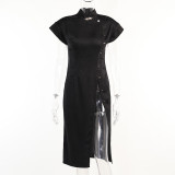 Chinese style slit cheongsam satin jacquard padded shoulder sexy slim dress