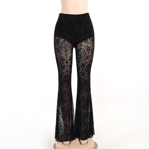 Ladies trousers lace perspective sexy high waist slim flared pants