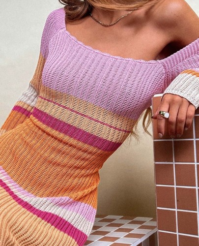 Off-the-shoulder cut-out beach long-sleeve knitted striped dress