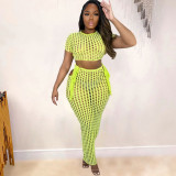 Grid Sexy Cutout T-Shirt One-Step Skirt Two-Piece Set