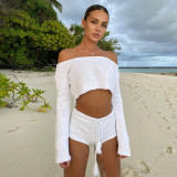 Knitted Striped Shorts Suit Long Sleeve Short Top Cropped Navel Sexy Two-piece Set