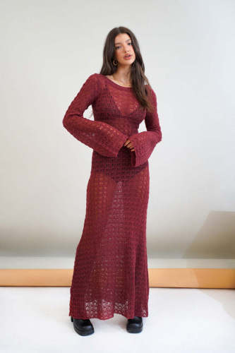 Sexy backless knitted long skirt hollow perspective fishnet long-sleeved seaside sun protection dress