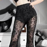 Ladies trousers lace perspective sexy high waist slim flared pants