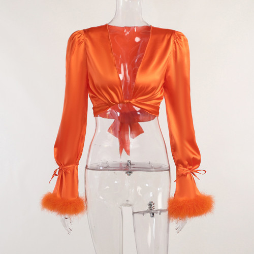 Satin Tie Feather Puff Long Sleeve Top Cropped Navel Long Sleeve