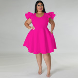 Plus Size Women's Solid Color Ruffle Dress Midi Skirt 2 Real Pockets