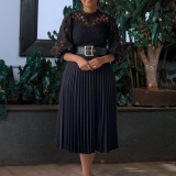 Large size women's lace hollow stitching pleated sexy elegant waist dress