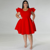 Plus Size Women's Solid Color Ruffle Dress Midi Skirt 2 Real Pockets