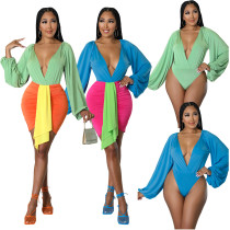 Fashion sexy color matching one piece hakama suit two piece set