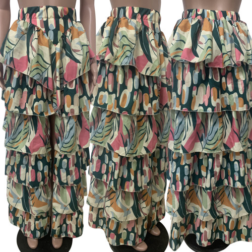 Fashion Print Wavy Ruffle Skirt