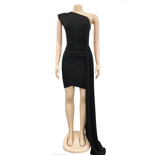 Fashion Solid Color Slanted Shoulder Sleeveless Ruffled Ribbon Mid Skirt Dress
