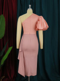 One-shoulder open-back puff-sleeve paneled pleated high-waisted slit one-step dress