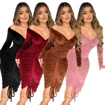 V-neck off-shoulder velvet smocked sexy midi dress