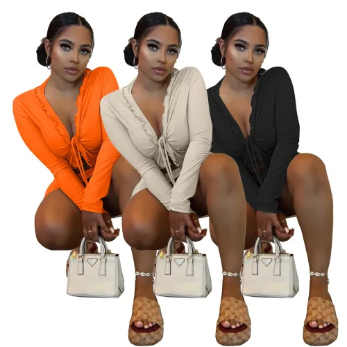 Lapel Tie Cardigan Skirt Sexy Two Piece Set