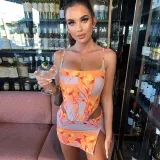 Fresh and sweet printed sling fishbone three-dimensional backless eyelet strappy top high waist slit tight skirt suit