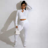 Fashion casual solid color v-neck zipper straps slim long-sleeved trousers sports two-piece set