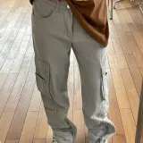 Utility multi-pocket low-rise zipper slit denim slacks