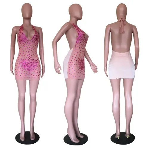 Colored big diamond high temperature ironing dress wrap chest straps open back
