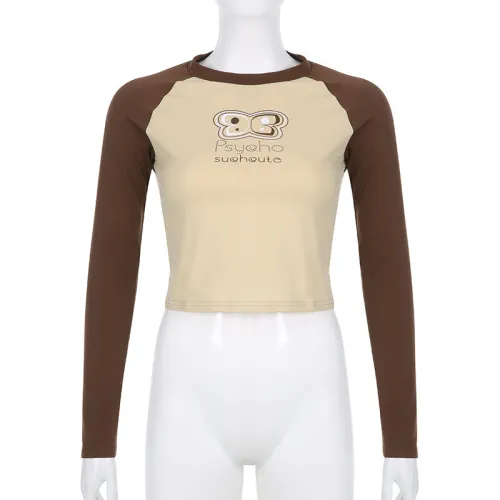 Cartoon Alphabet Print Raglan Sleeves Patchwork Contrast Round Neck Long Sleeves Long Sleeves