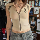 women's retro cardigan zipper stand collar contrast print T-shirt