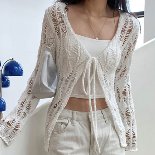 Women's Cutout Sheer Fabric Knitted Sun Protection Cardigan Tie Long Sleeve Top