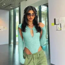 Knit Solid V-Neck Sexy Cutout Sweater High Waist Slim Bodysuit