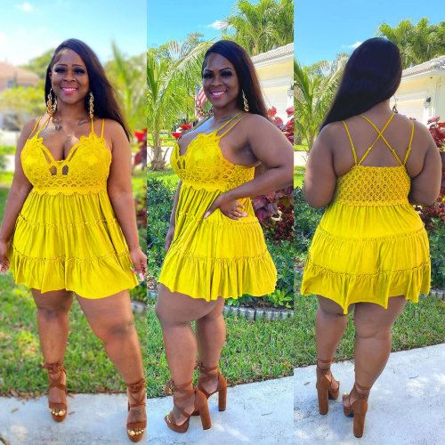 Fashion Wrap Chest Sling Fat Woman Plus Size Lace Dress