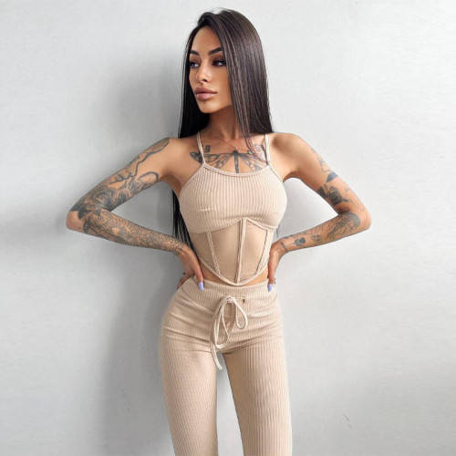 Mesh Splicing Camisole Tank Top Fashion Casual Suit