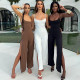 Solid color slit trousers open back suspender jumpsuit