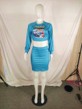 Women's Short Skirt Digital Positioning Print Sexy Navel Blue Suit