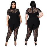 Solid Color Perspective Polyester Mesh Large Size Zipper Jumpsuit Women's One Piece