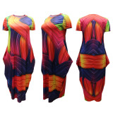 Plus Size Women Fashion Digital Printing Round Neck Pullover Short Sleeve Dress